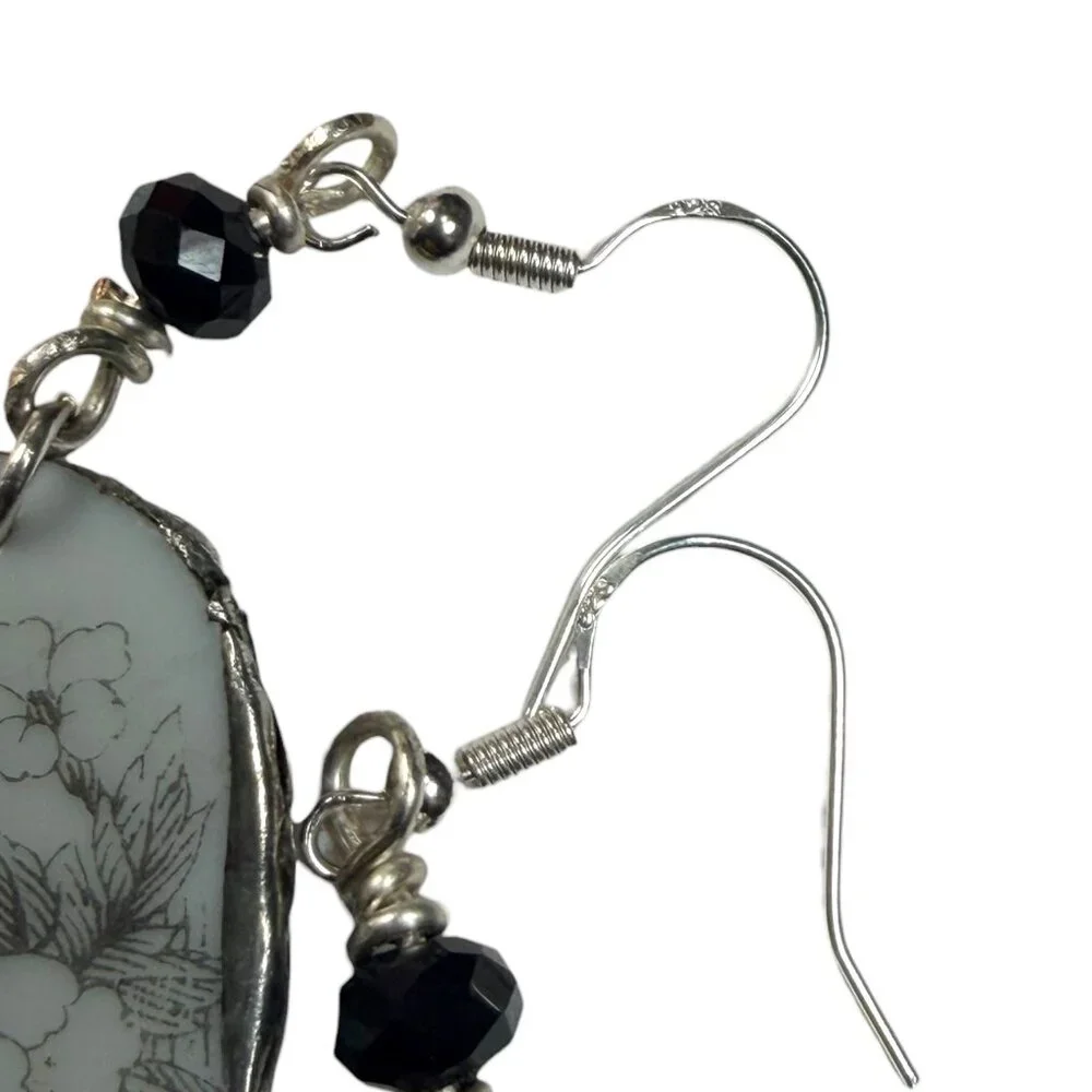Florentine Sango Broken China Earrings - Vintage Floral Sterling Silver Dangles - Picture 9 of 14